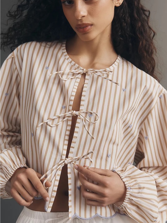 Maeve Tops - Maeve Striped Floral Embroidered Tie Front Balloon Sleeve Blouse Cottagecore